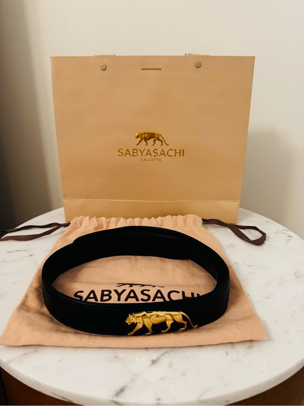Sabyasachi Black Belt with Gold Panther Buckle -75cm